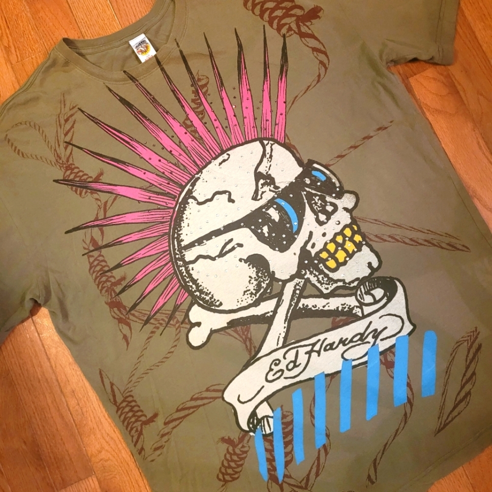 RARE Ed Hardy By Christian Audigier VTG Y2K Mens T Shirt 2XL Graphic Skull XXL